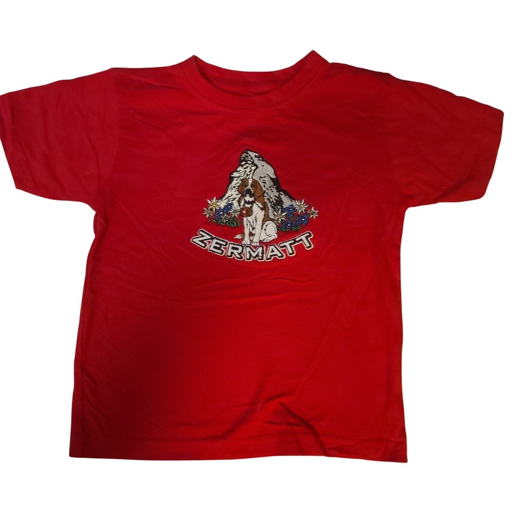 Zermatt Switzerland Kids Red Cotton Saint Bernard Matterhorn Embroidered T-Shirt